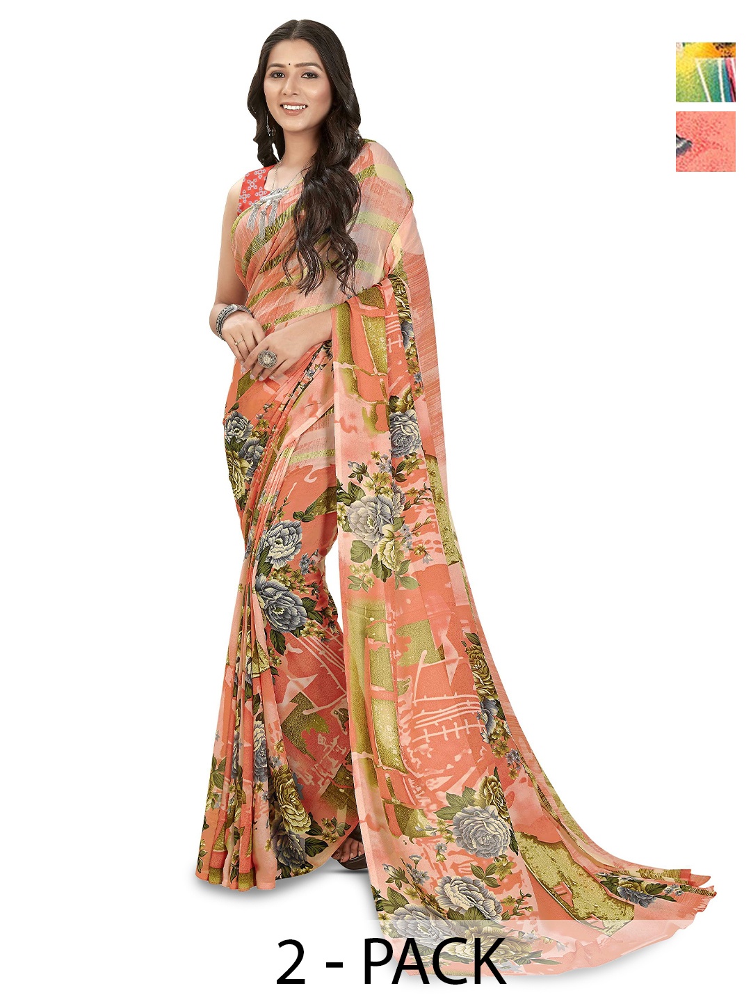 

ANAND SAREES Selection Of 2 Floral Printed Sarees, Pink