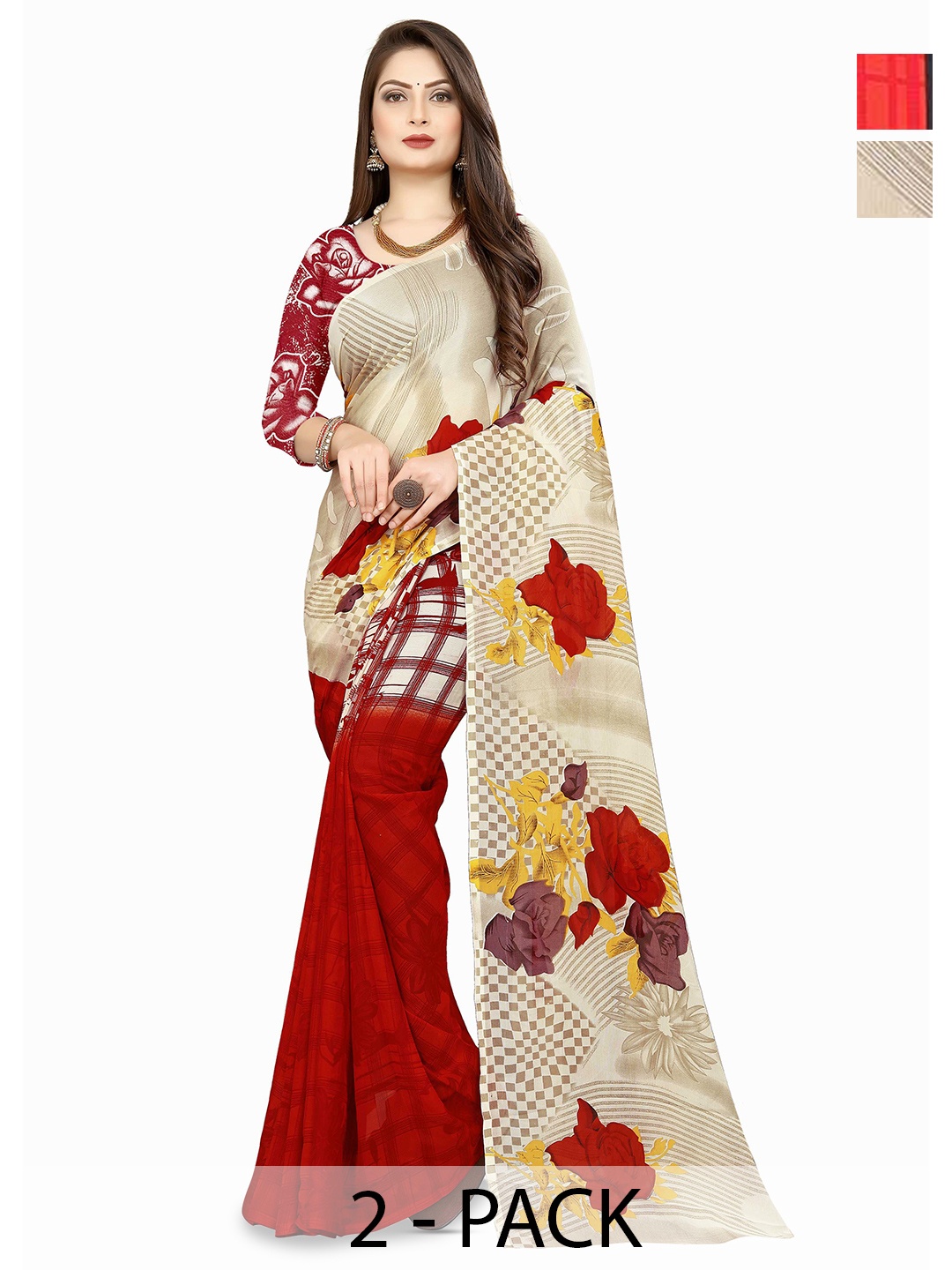 

ANAND SAREES Selection Of 2 Floral Printed Sarees, Red