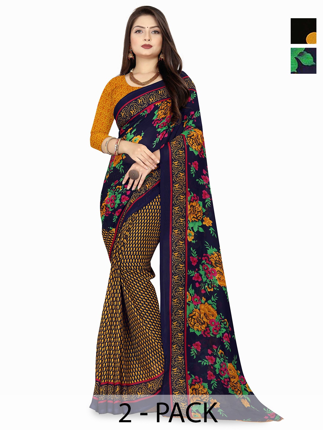 

ANAND SAREES Women Daily Floral Print Poly Georgette Half and Half Combo Pack of 2 Saree, Blue