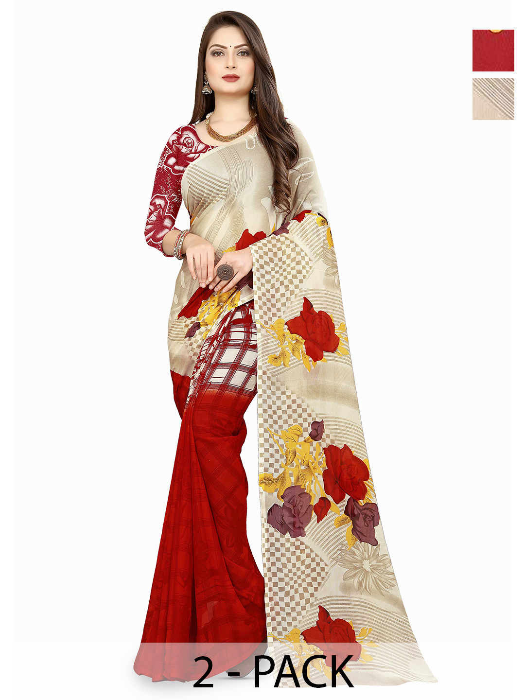 

ANAND SAREES Selection Of 2 Polka Dot Printed Sarees, Red