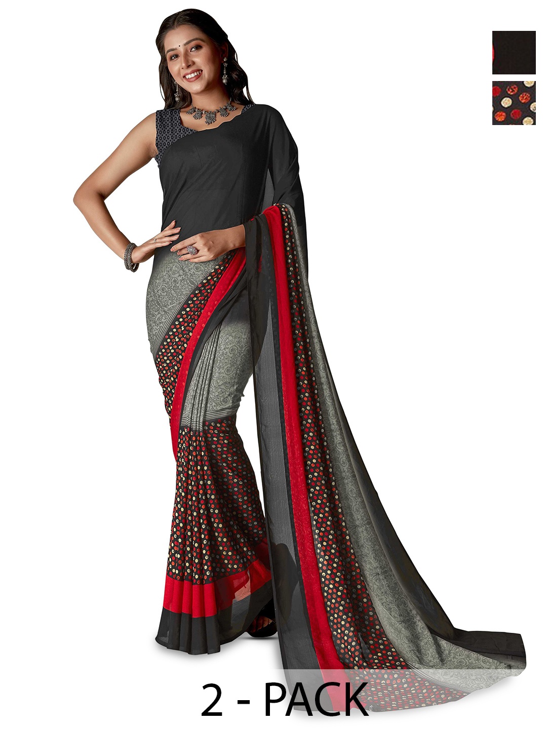 

ANAND SAREES Women Daily Geometric Printed Poly Georgette Combo Pack of 2 Saree, Black