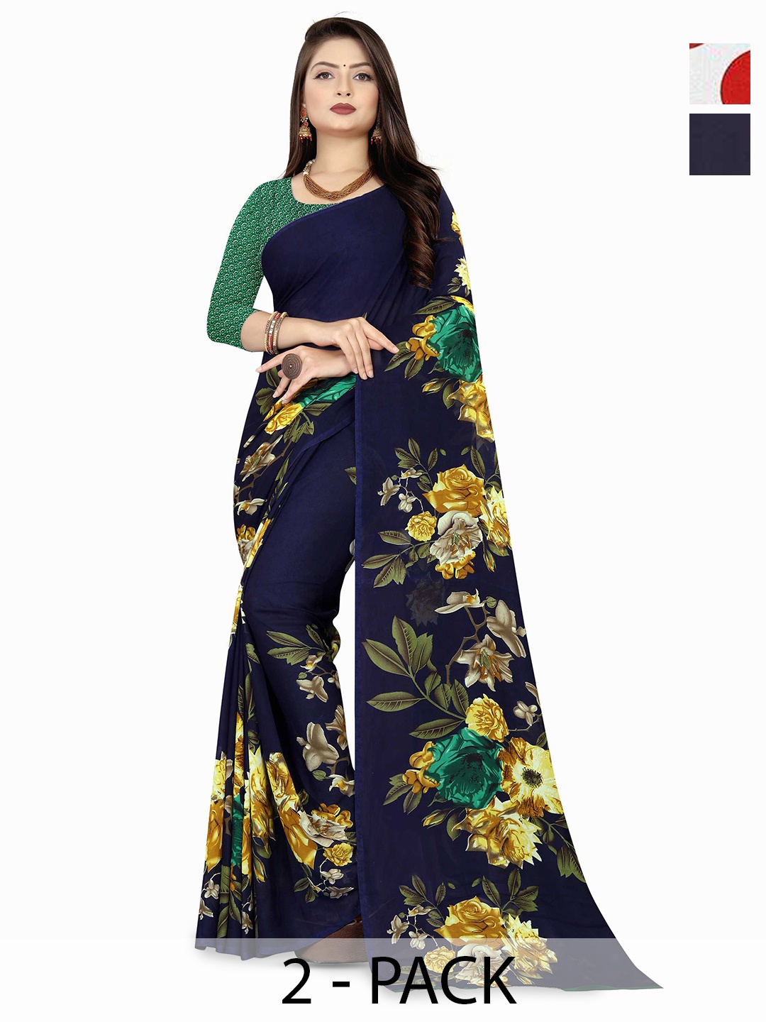 

ANAND SAREES Selection Of 2 Floral Printed Sarees, White