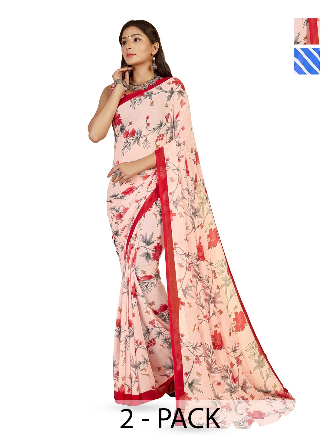 

ANAND SAREES Selection Of 2 Floral Printed Sarees, Blue