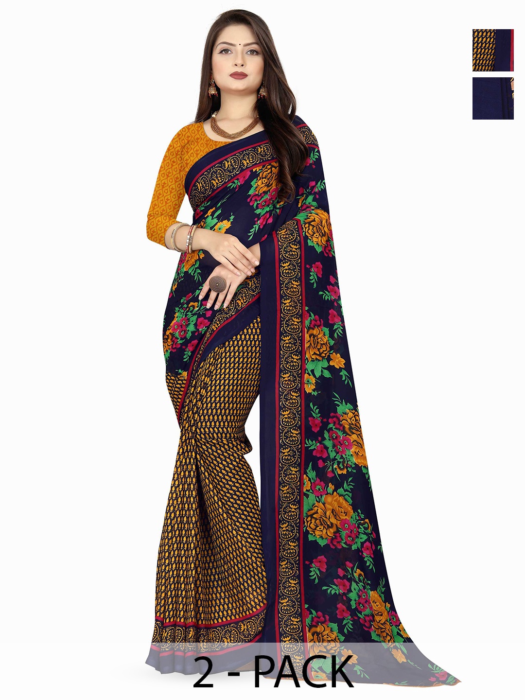 

ANAND SAREES Floral Poly Georgette Saree 2-pcs, Navy blue