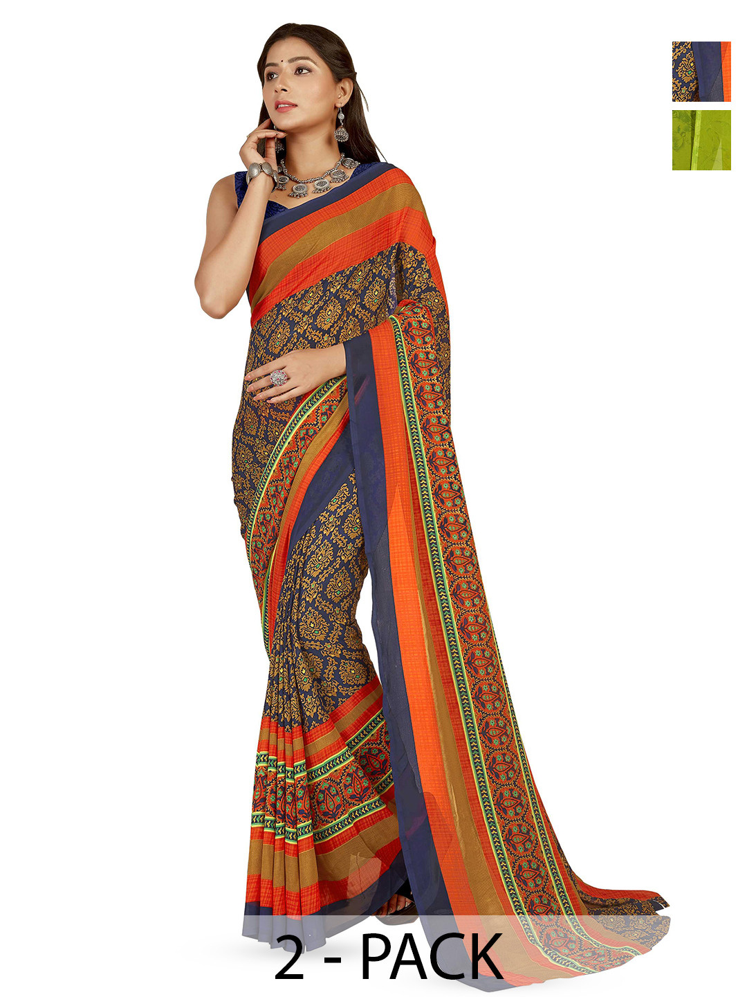 

ANAND SAREES Selection of 2 Floral Printed Sarees, Green