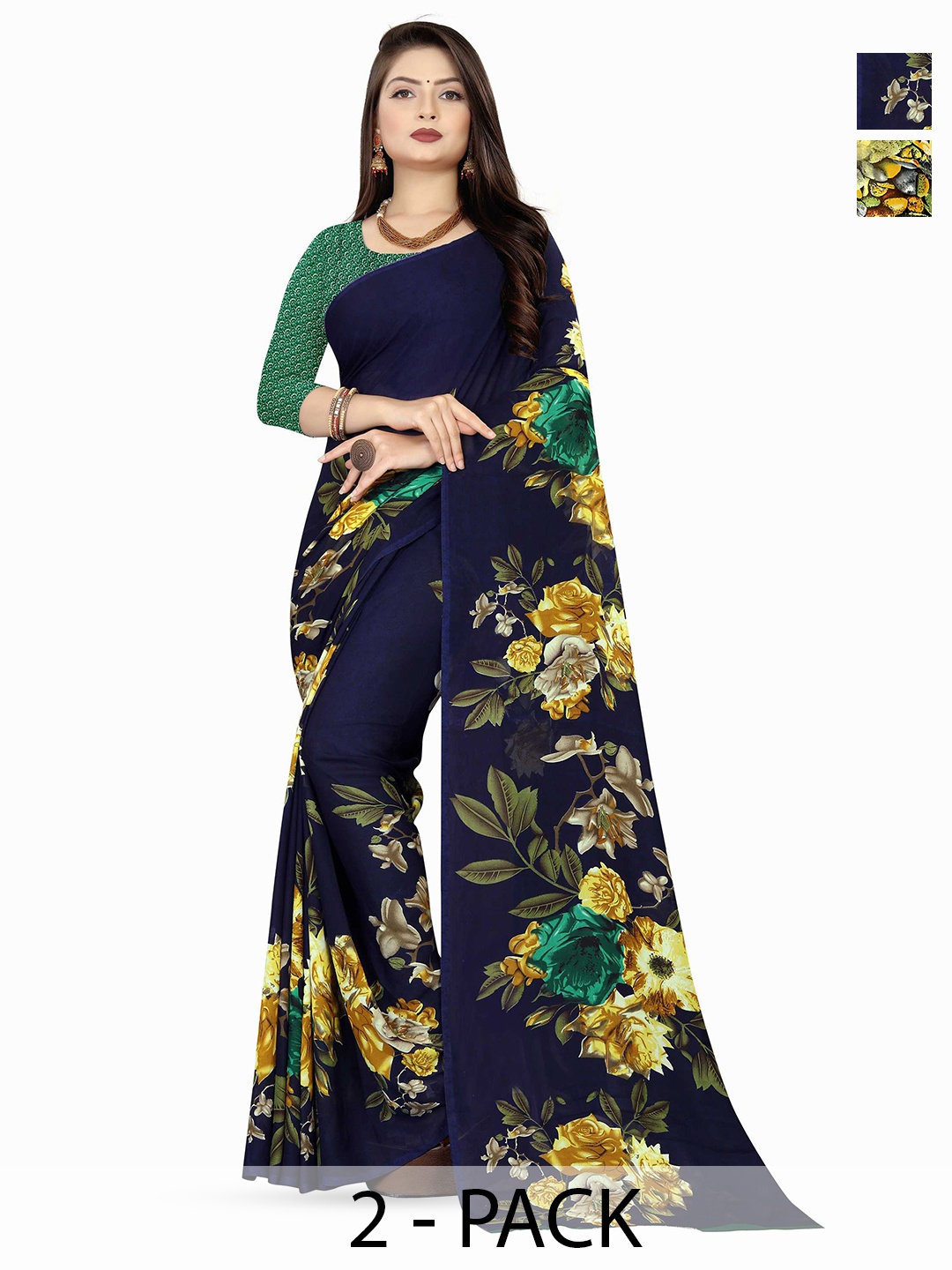 

ANAND SAREES Selection Of 2 Floral Printed Sarees, Blue