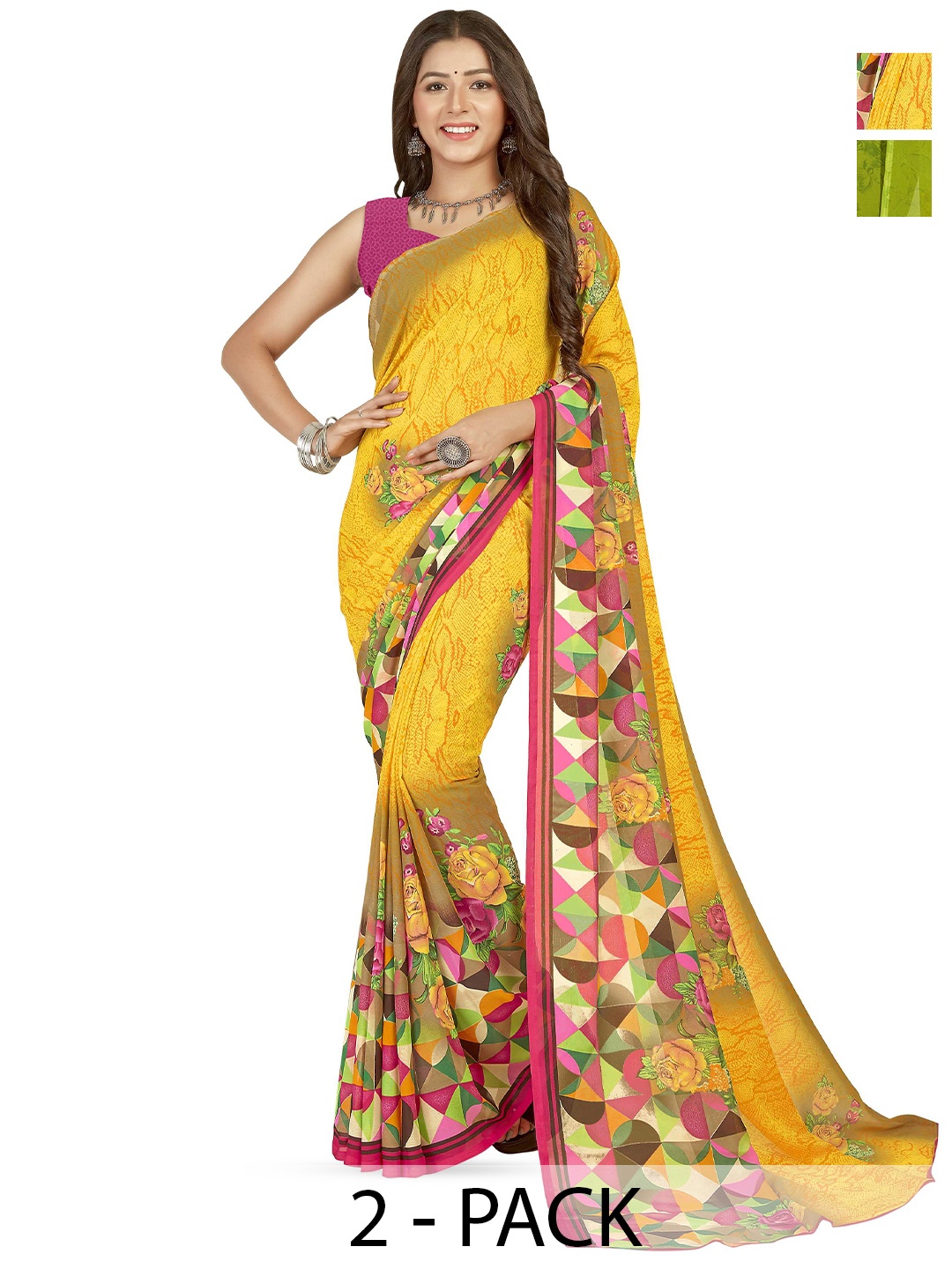 

ANAND SAREES Selection of 2 Printed Sarees, Yellow