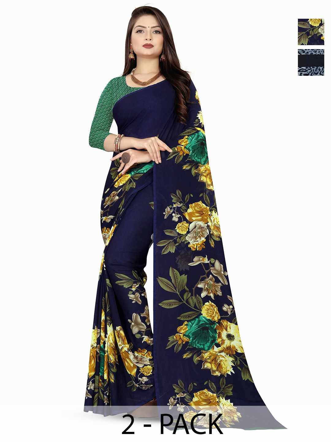 

ANAND SAREES Women Floral Poly Georgette Pack of 2 Saree, Navy blue
