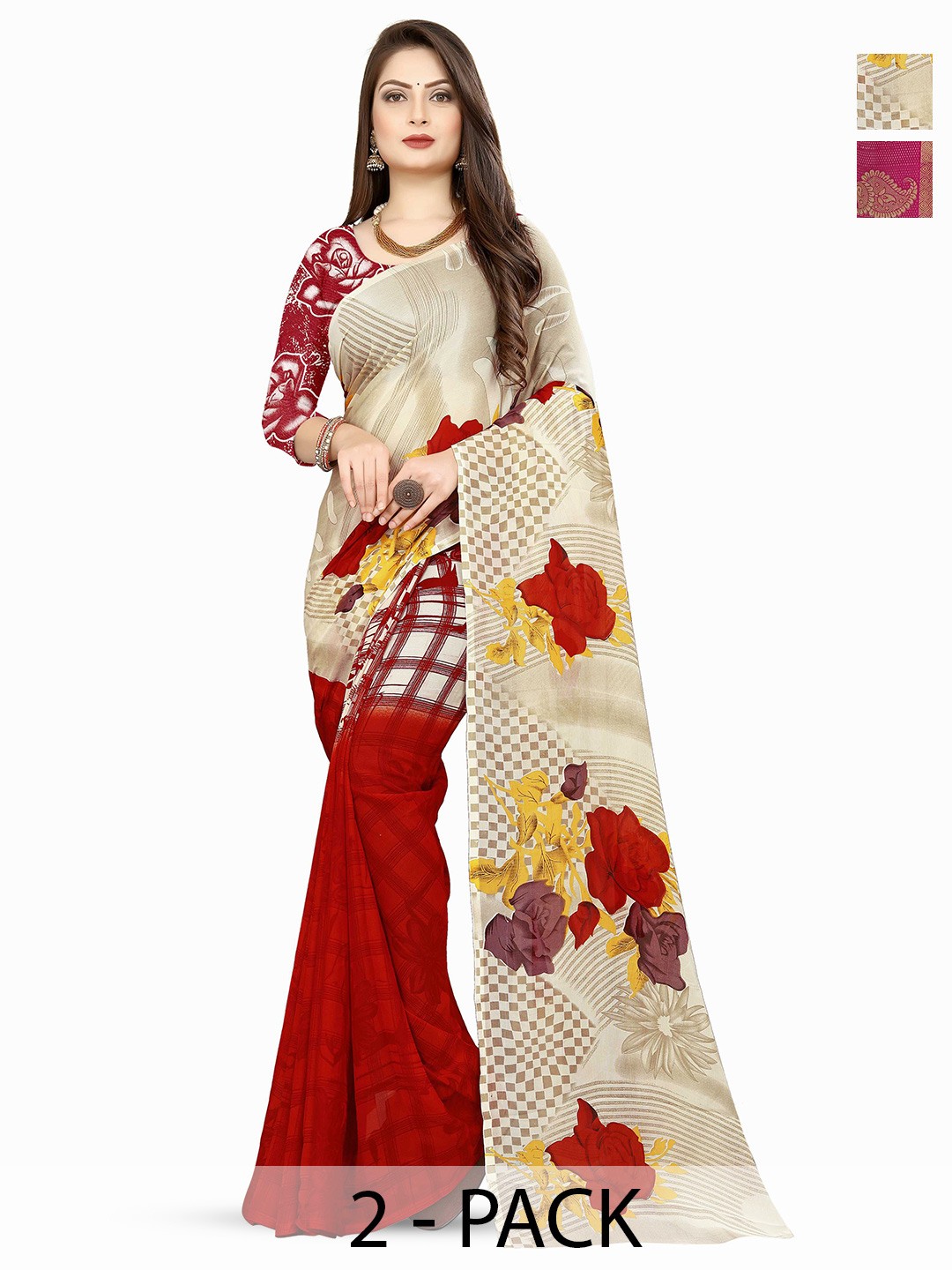 

ANAND SAREES Selection Of 2 Floral Printed Sarees, Red