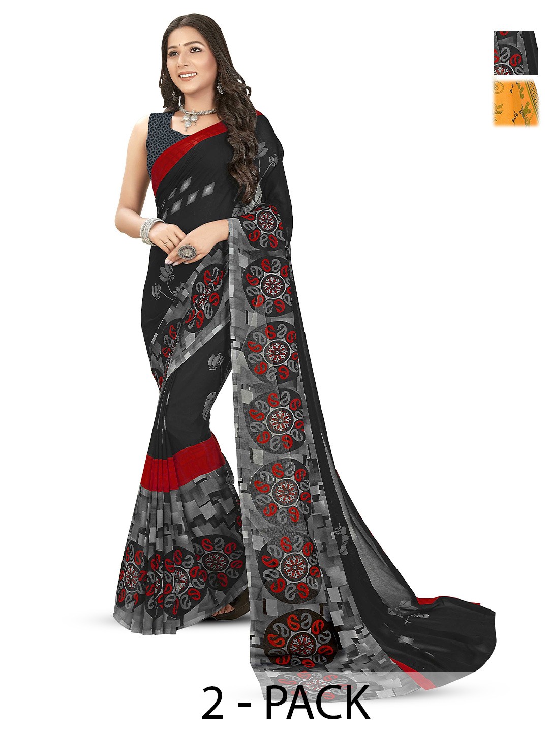 

ANAND SAREES Selection Of 2 Printed Saree, Black
