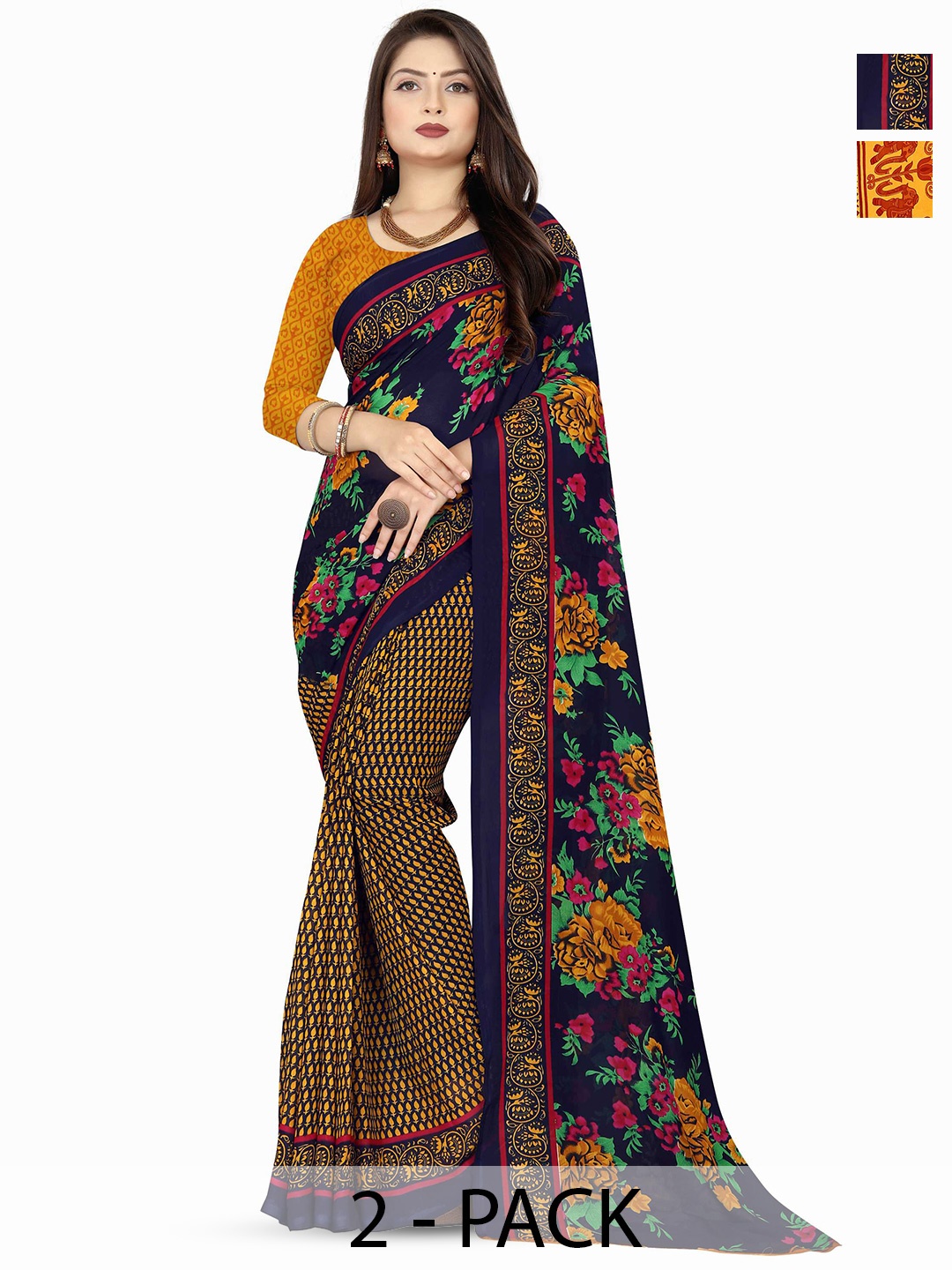 

ANAND SAREES Pack of-2 Floral Printed Saree, Navy blue