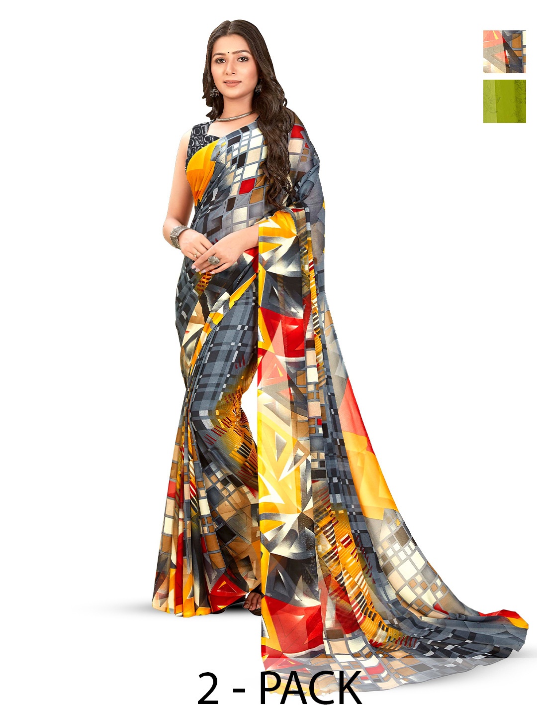 

ANAND SAREES Selection Of 2 Floral Printed Sarees, Green