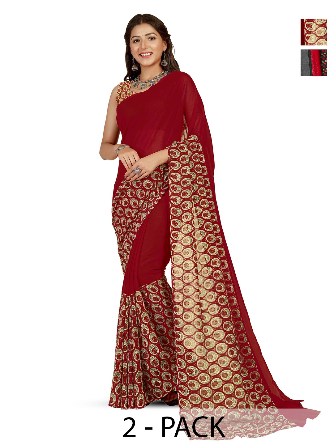 

ANAND SAREES Selection Of 2 Polka Dot Printed Half & Half Sarees, Grey
