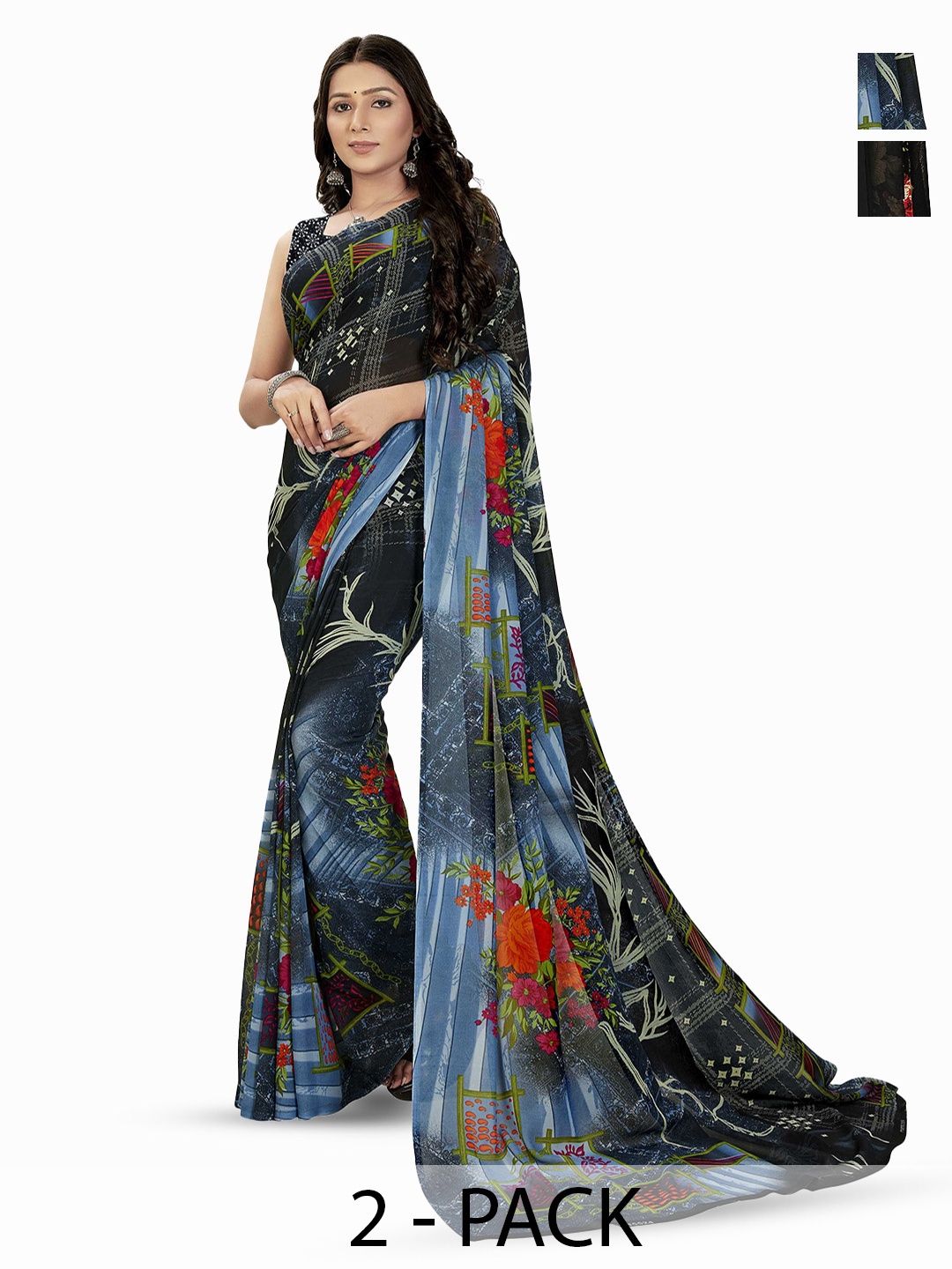 

ANAND SAREES Womens Daily Floral Printed \Poly Georgette Combo Pack of 2 Saree, Black