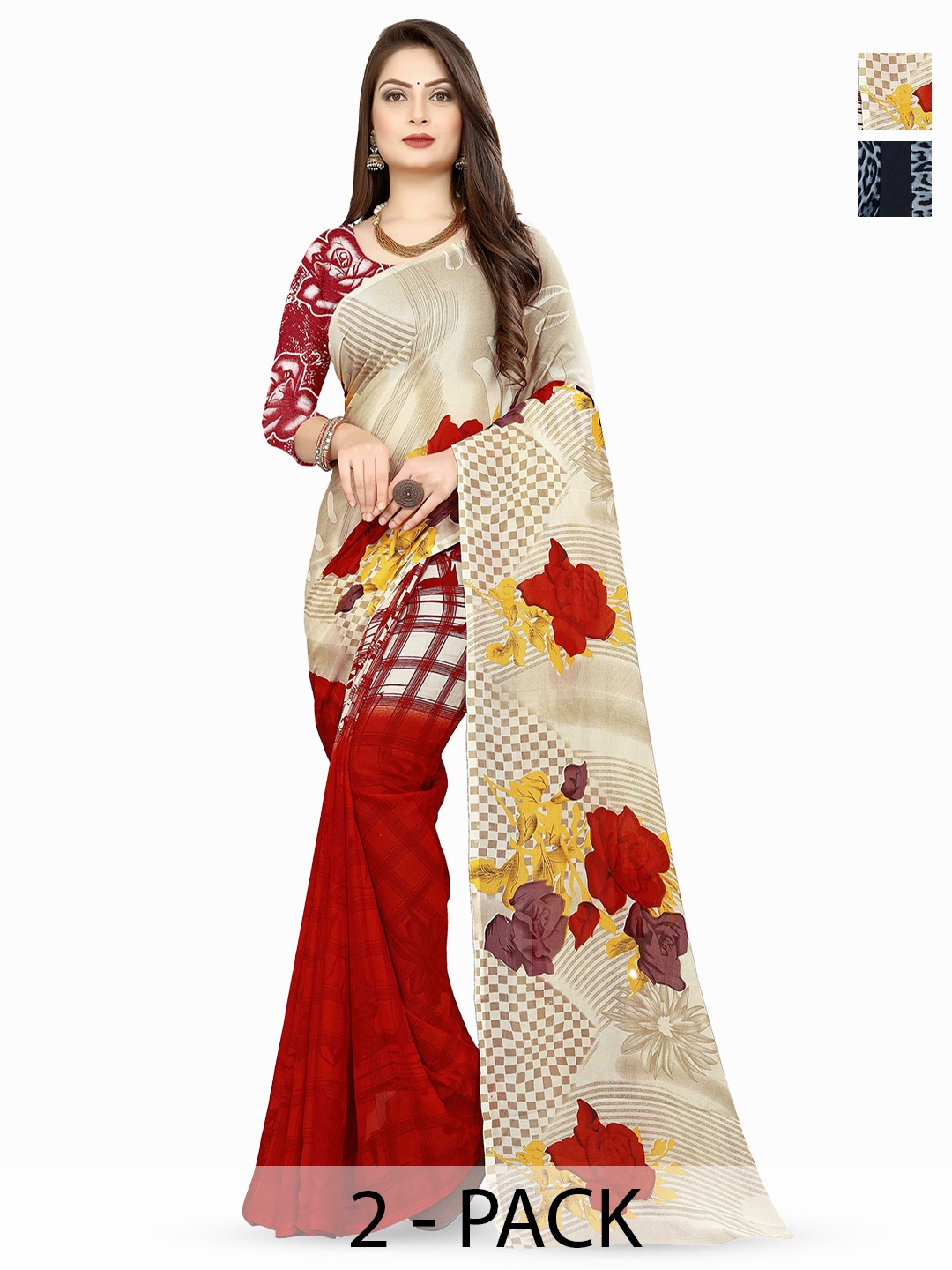 

ANAND SAREES Selection of 2 Floral & Abstract Printed Sarees, Red