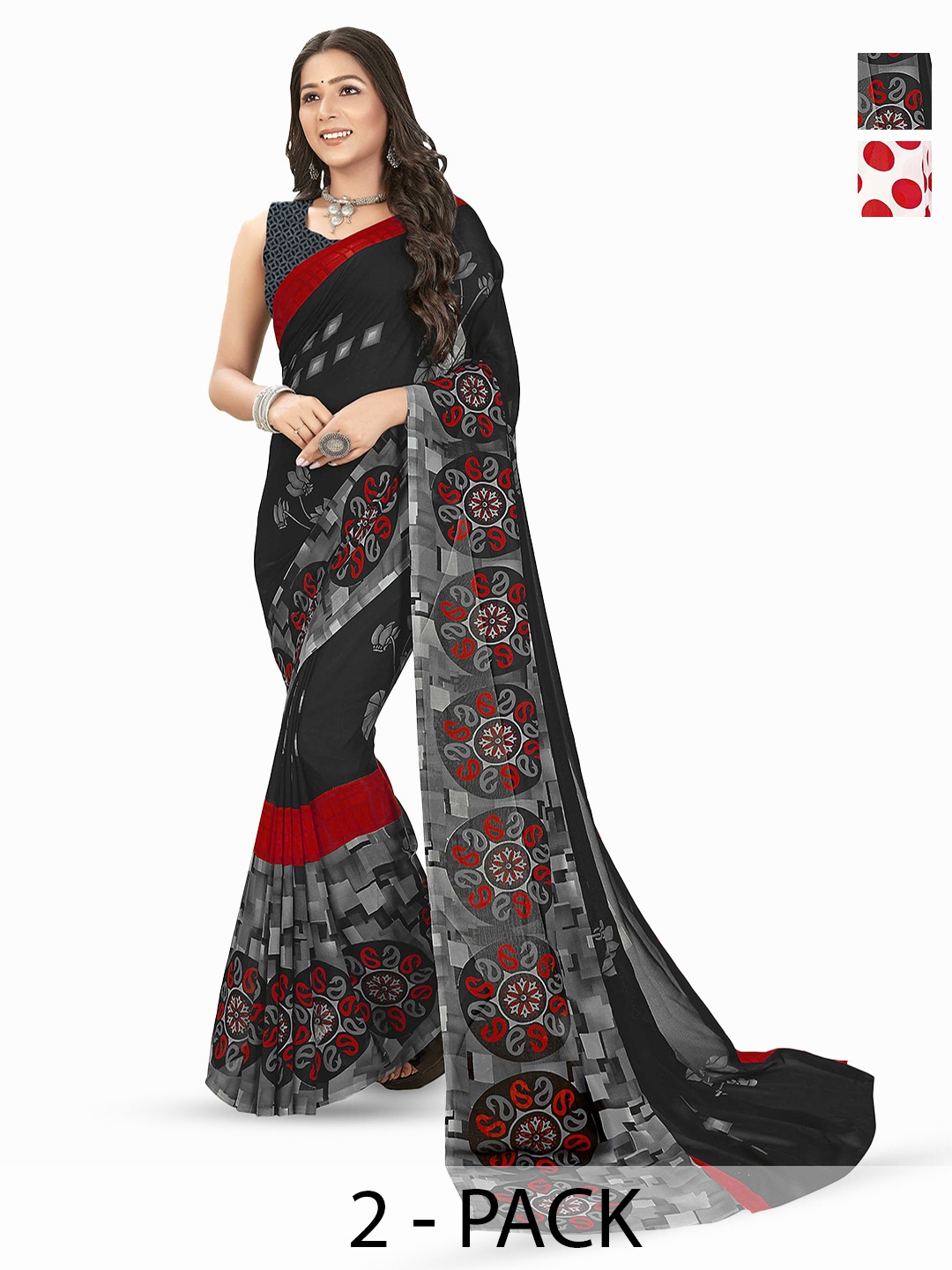

ANAND SAREES Selection Of 2 Polka Dot Printed Sarees, White