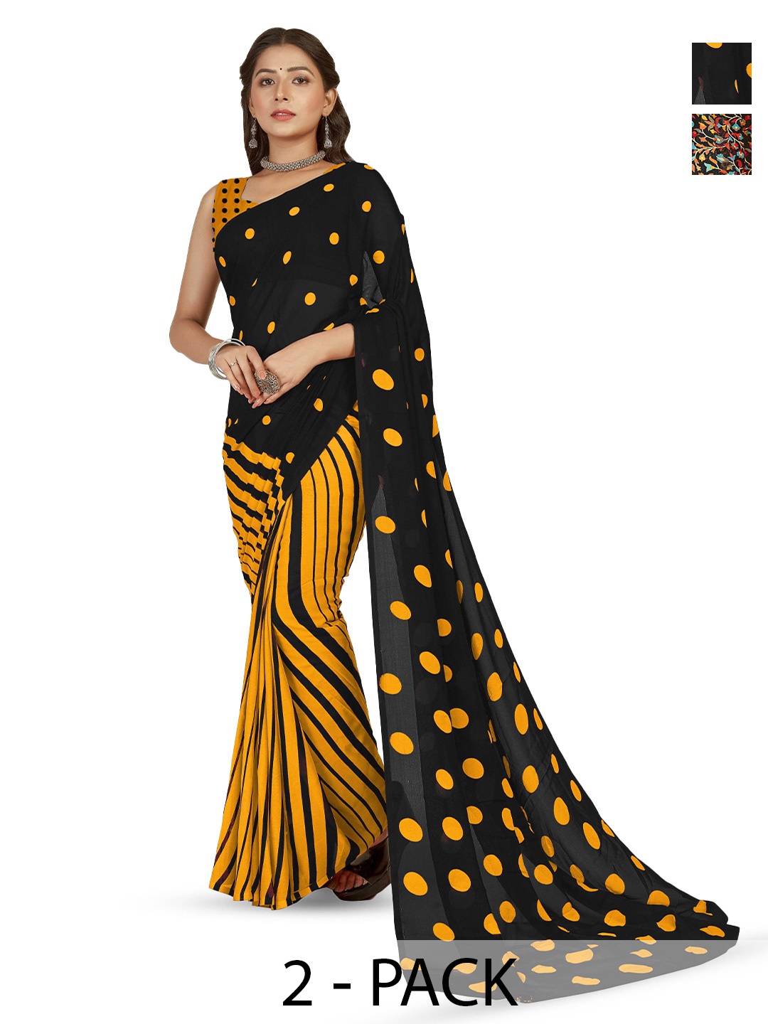 

ANAND SAREES Printed Polka Dot Poly Georgette Saree, Yellow