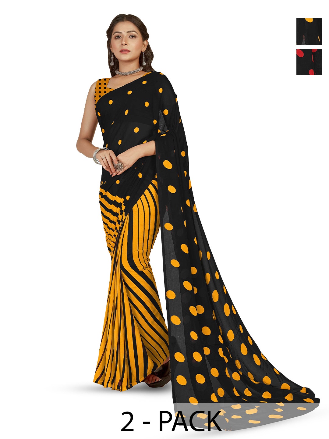 

ANAND SAREES Women Polka Dots Printed Poly Georgette Half and Half Combo Pack of 2 Saree, Yellow