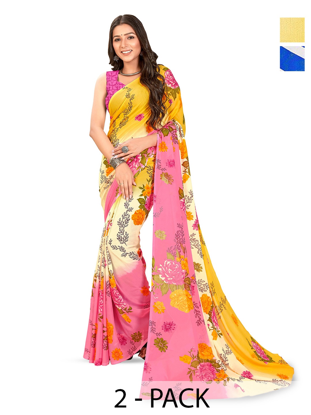 

ANAND SAREES Selection Of 2 Floral Printed Sarees, Blue