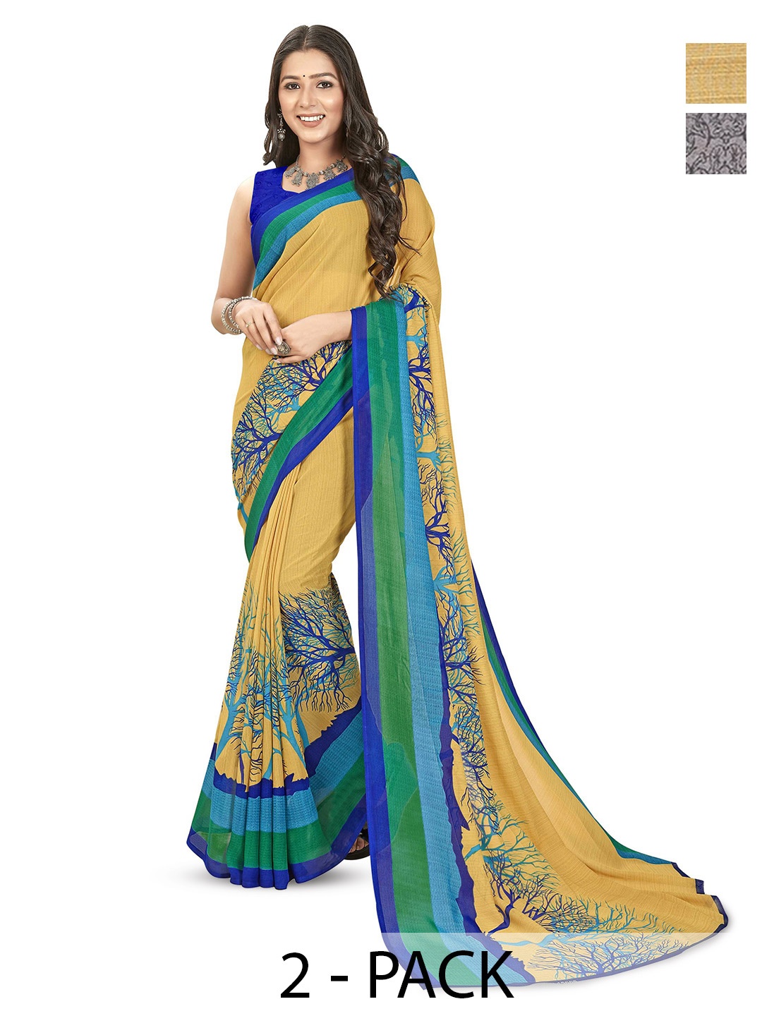 

ANAND SAREES Selection Of 2 Ethnic Motifs Printed Sarees, Blue