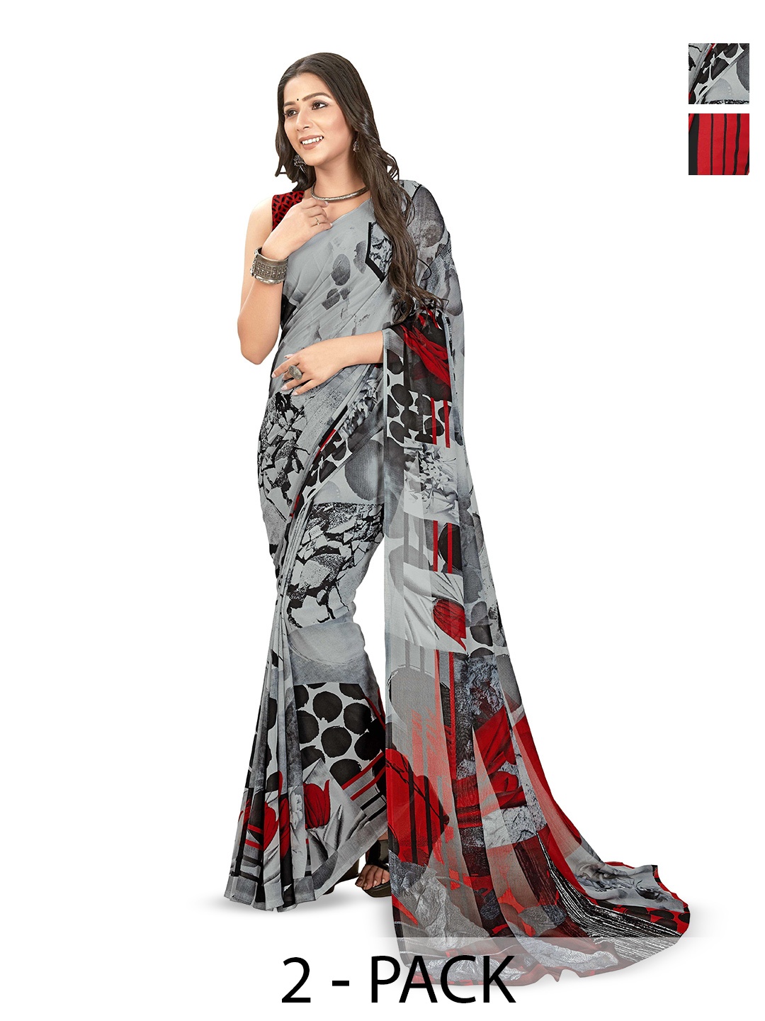 

ANAND SAREES Selection Of 2 Polka Dot Printed Sarees, Black
