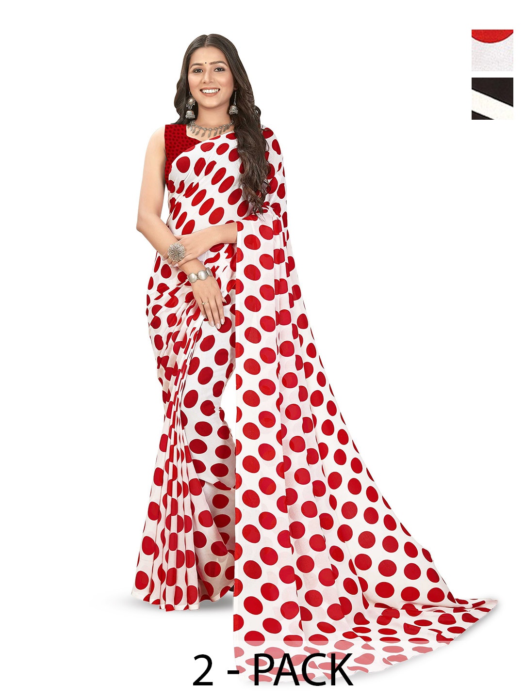 

ANAND SAREES Selection Of 2 Polka Dots Printed Sarees, Red