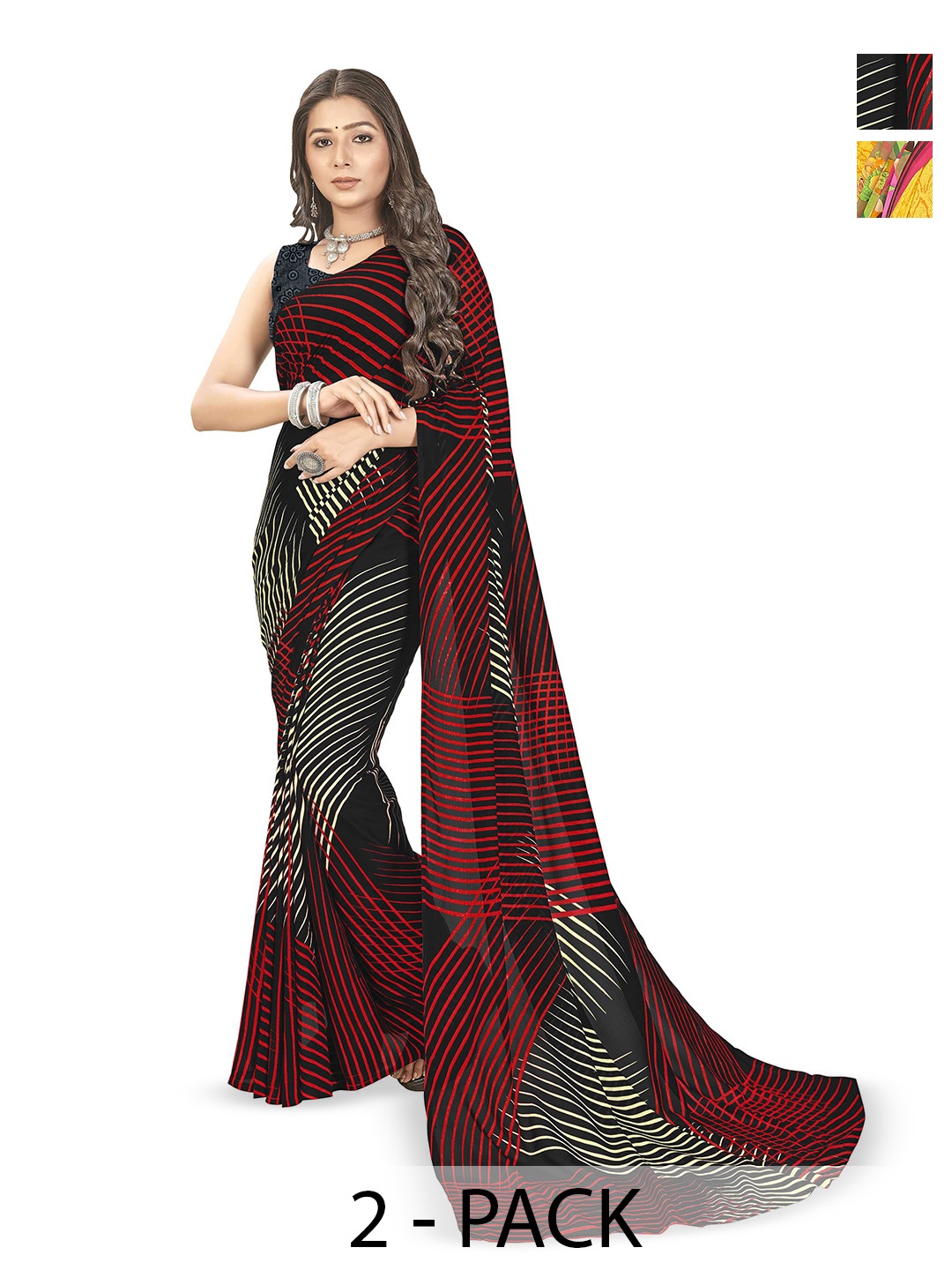 

ANAND SAREES Selection of 2 Floral & Geometric Printed Sarees, Red