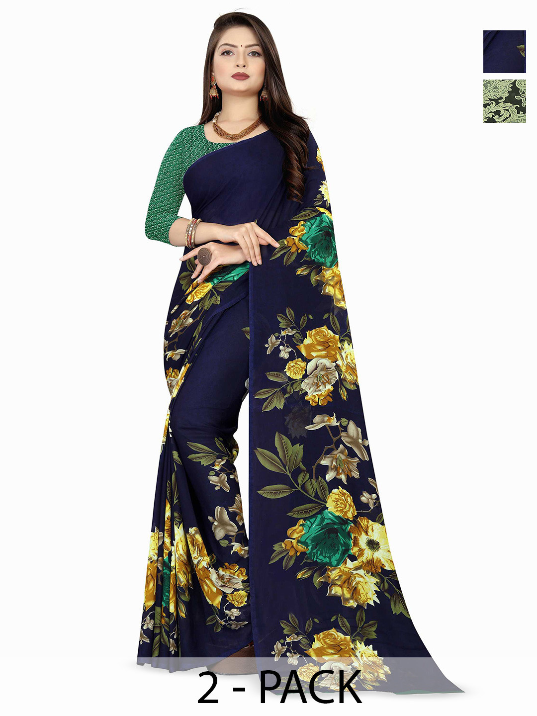 

ANAND SAREES Pack of-2 Floral Printed Saree, Black
