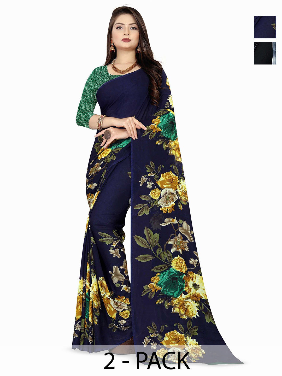 

ANAND SAREES Printed Floral Poly Georgette Saree, Blue