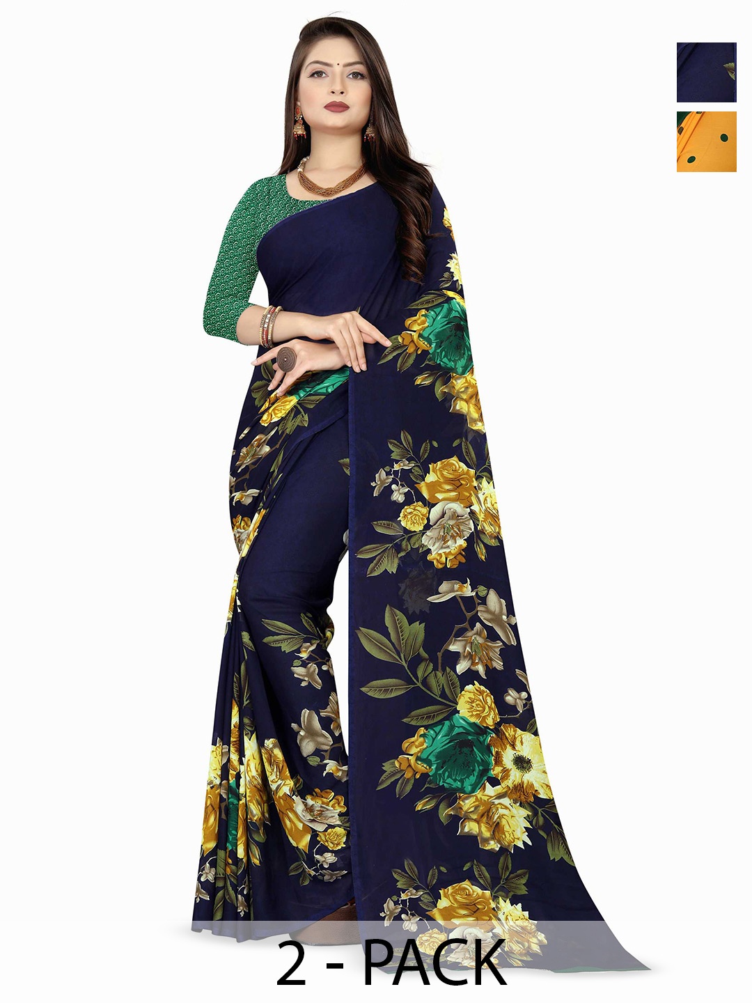 

ANAND SAREES Selection Of 2 Floral Printed Sarees, Green