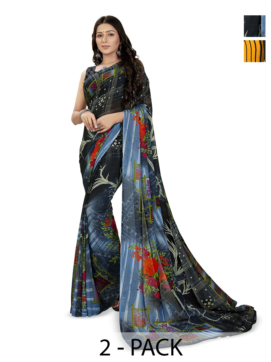 

ANAND SAREES Pack of-2 Floral Printed Saree, Black