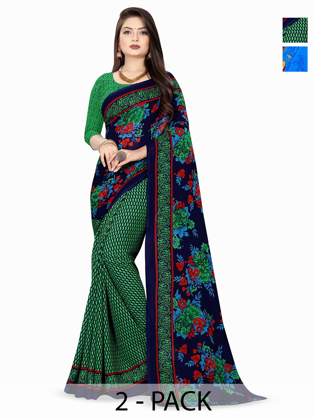 

ANAND SAREES Pack of-2 Floral Printed Saree, Blue