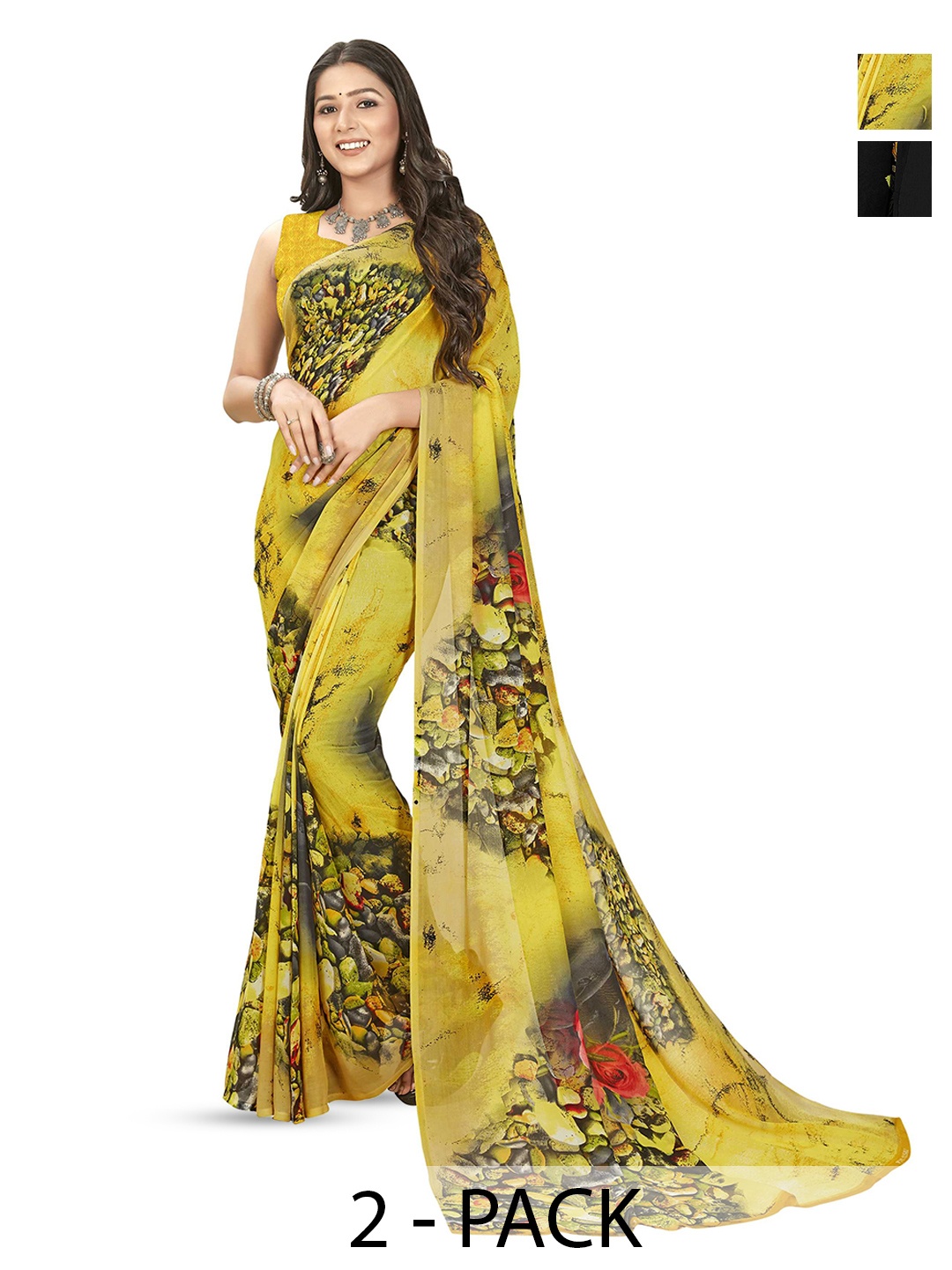 

ANAND SAREES Selection Of 2 Printed Sarees, Yellow