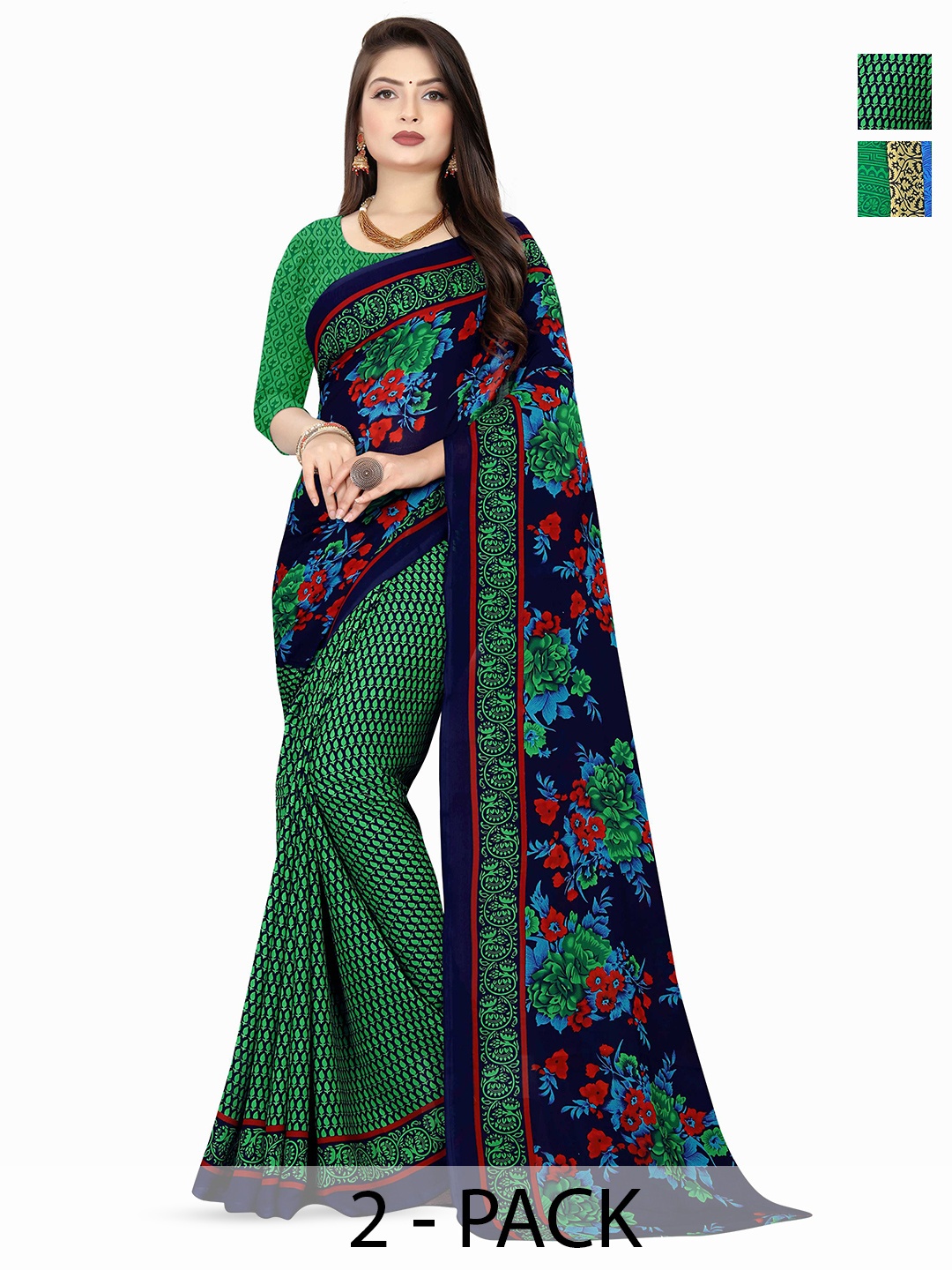 

ANAND SAREES Selection Of 2 Floral Printed Sarees, Green