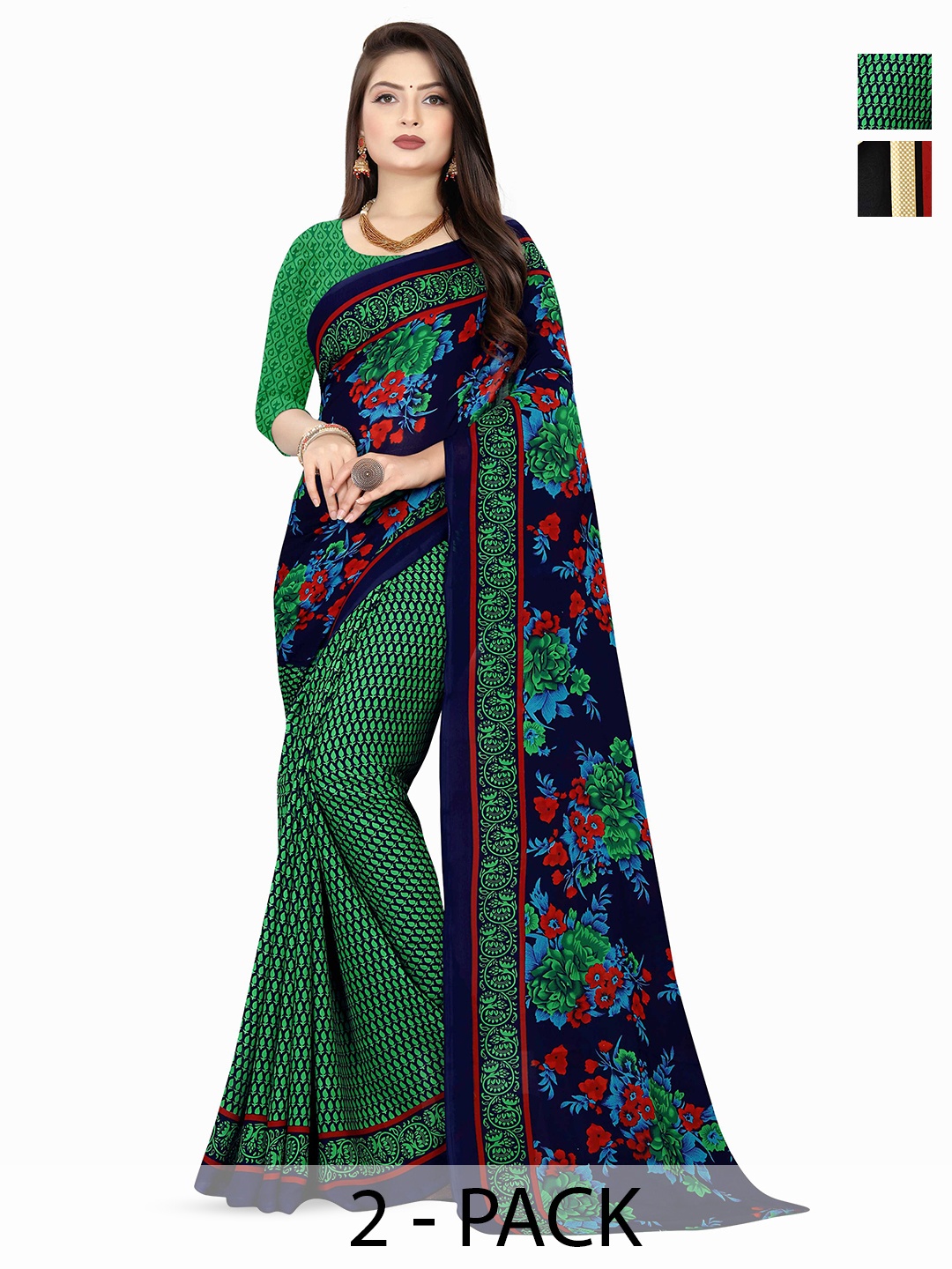 

ANAND SAREES Selection of 2 Floral Printed Sarees, Navy blue