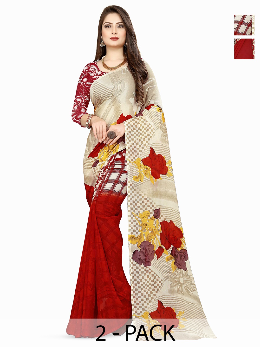 

ANAND SAREES Pack of-2 Floral Printed Saree, Red