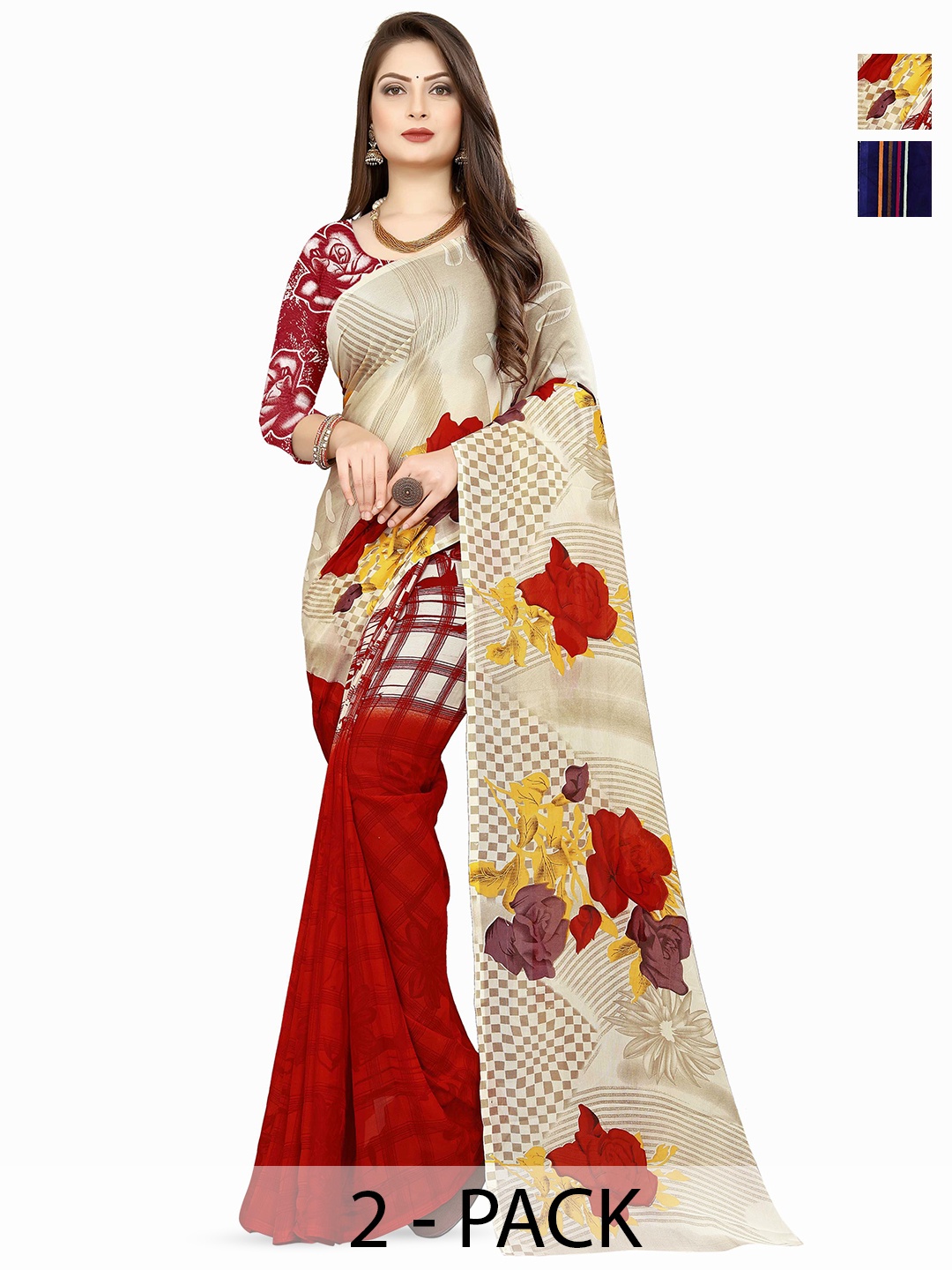 

ANAND SAREES Pack of-2 Floral Printed Saree, Beige