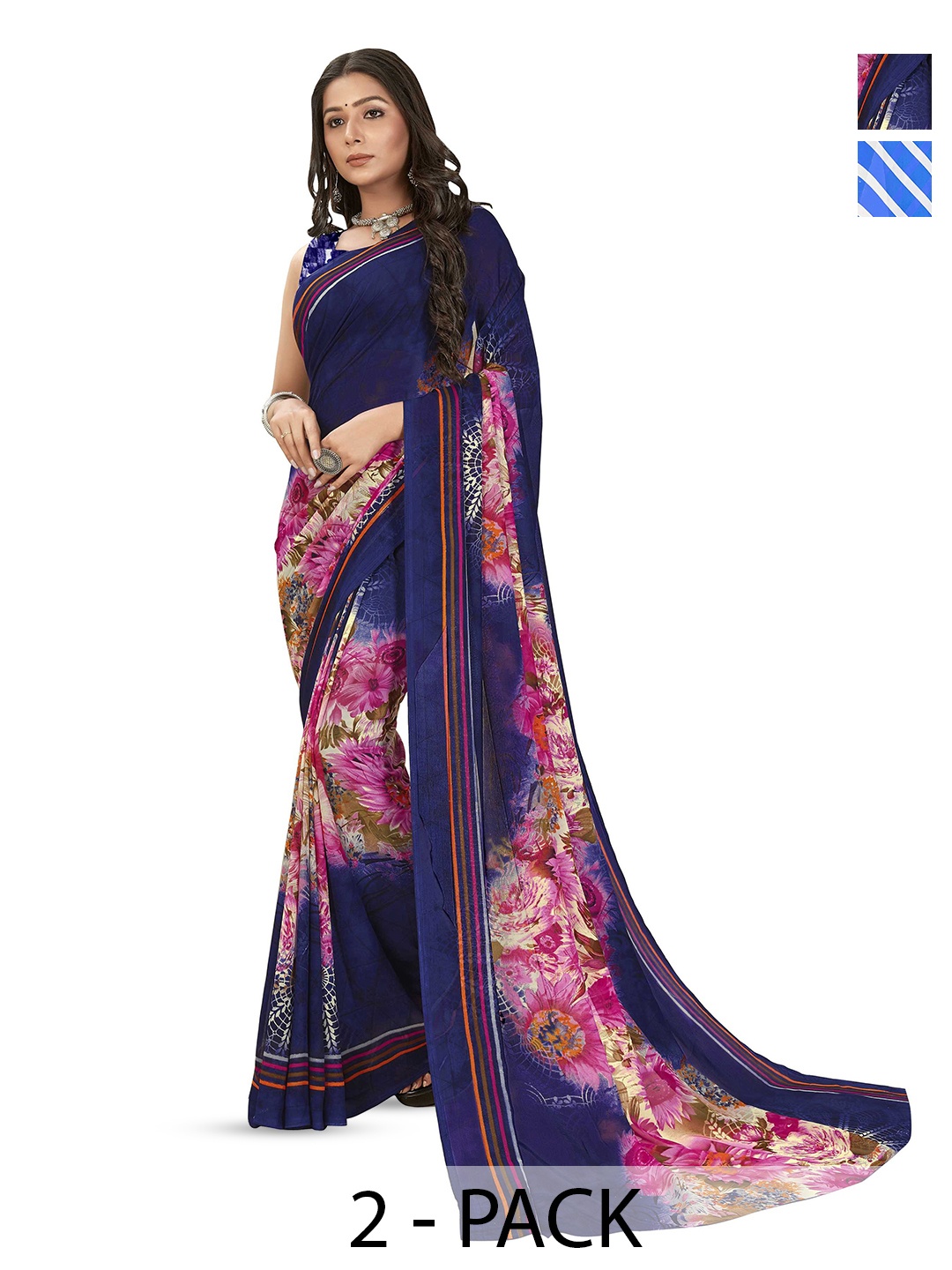 

ANAND SAREES Printed Floral Poly Georgette Saree, Blue