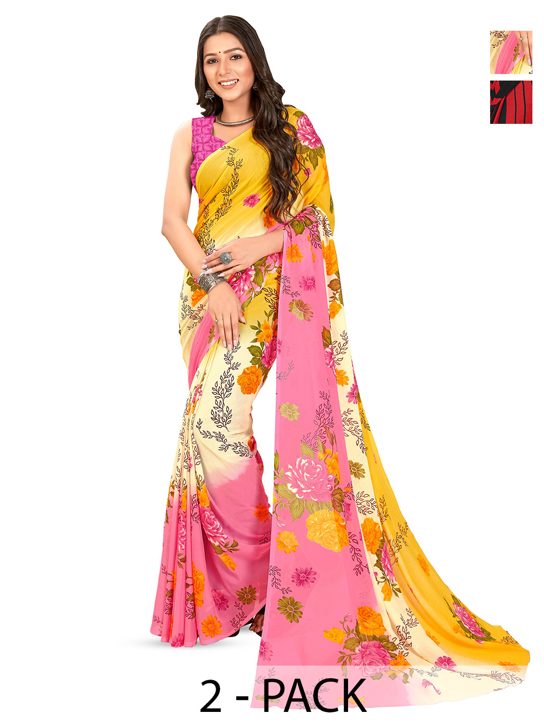 

ANAND SAREES Pack of-2 Floral Printed Saree, Red