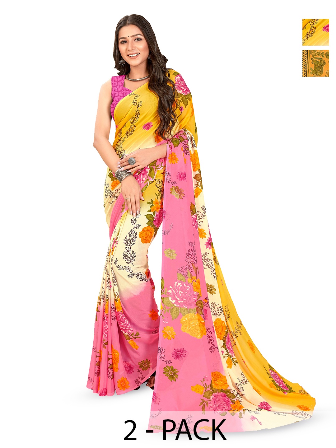 

ANAND SAREES Selection Of 2 Floral Printed Sarees, Green