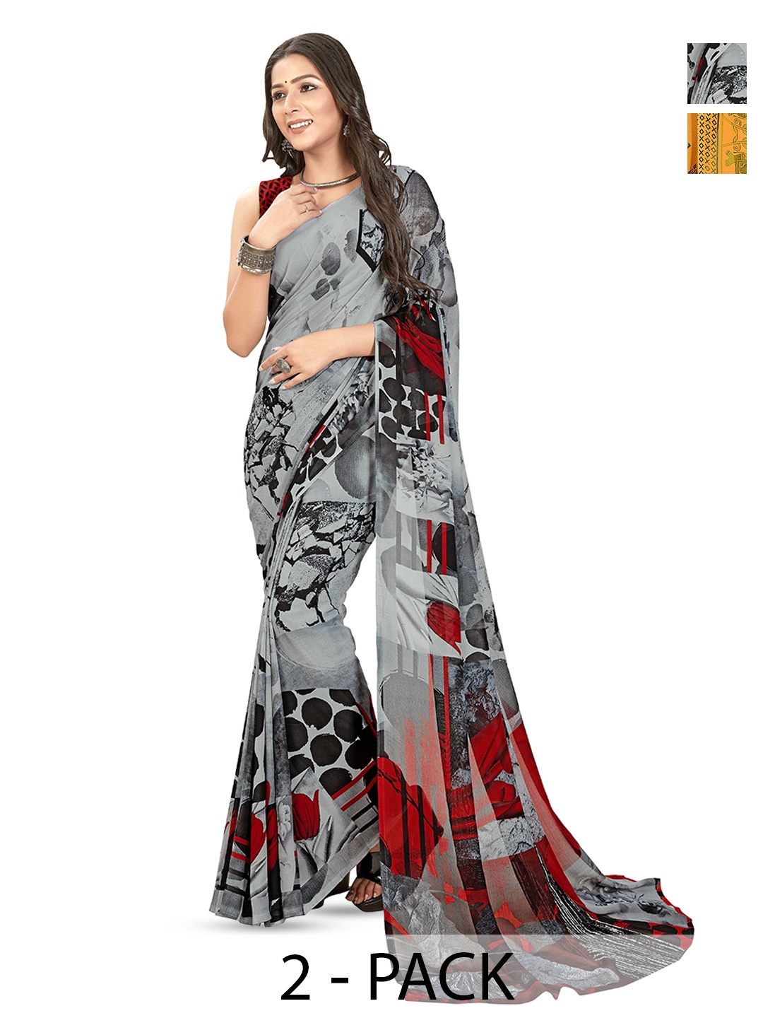 

ANAND SAREES Women Daily Abstract Print Poly Georgette Combo Pack of 2 Saree, Yellow