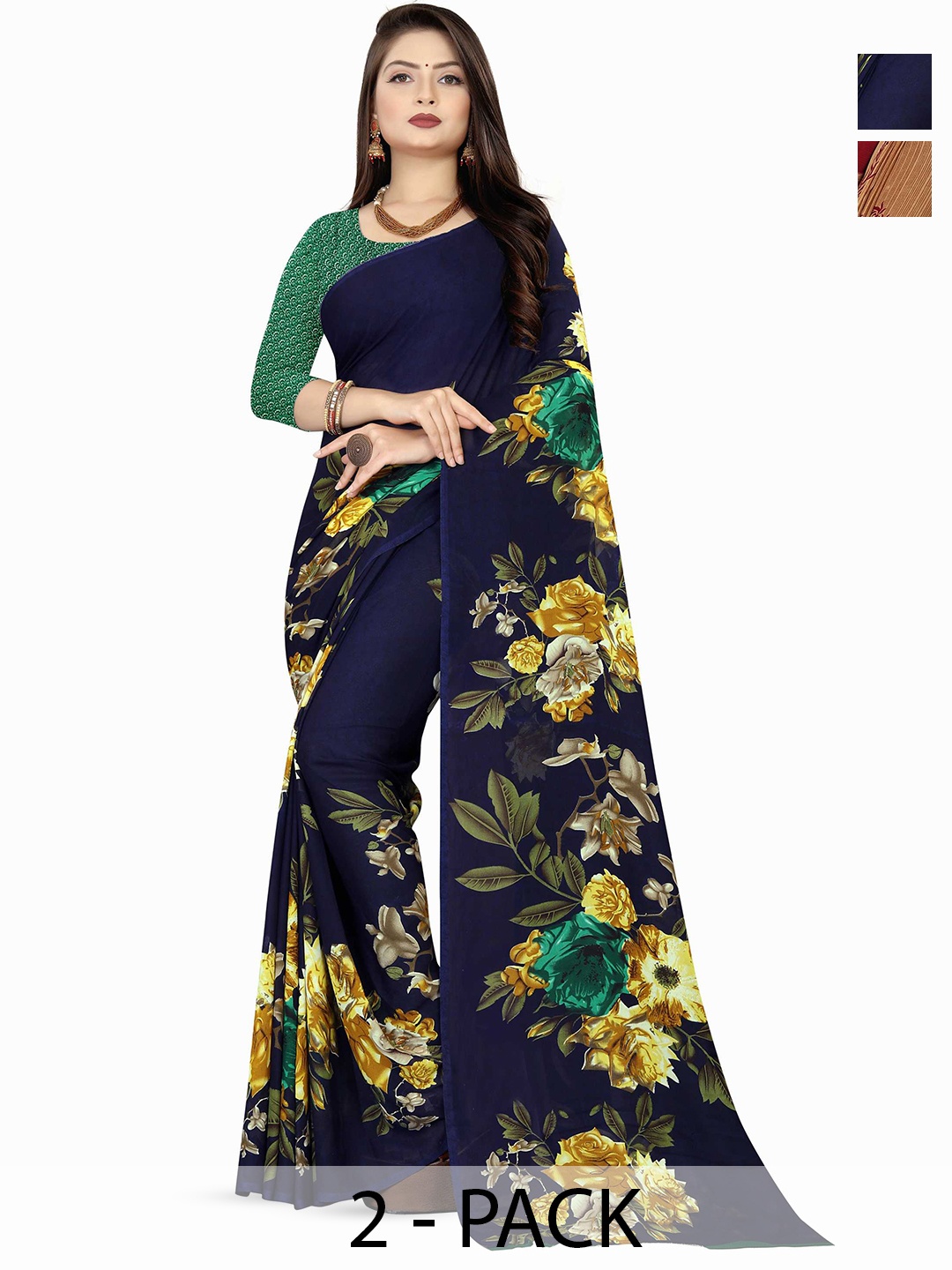 

ANAND SAREES Selection Of 2 Floral Printed Sarees, Blue