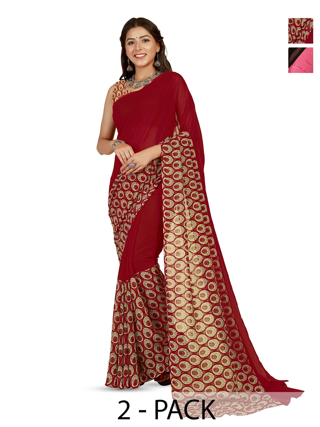 

ANAND SAREES Selection Of 2 Floral Printed Sarees, Black