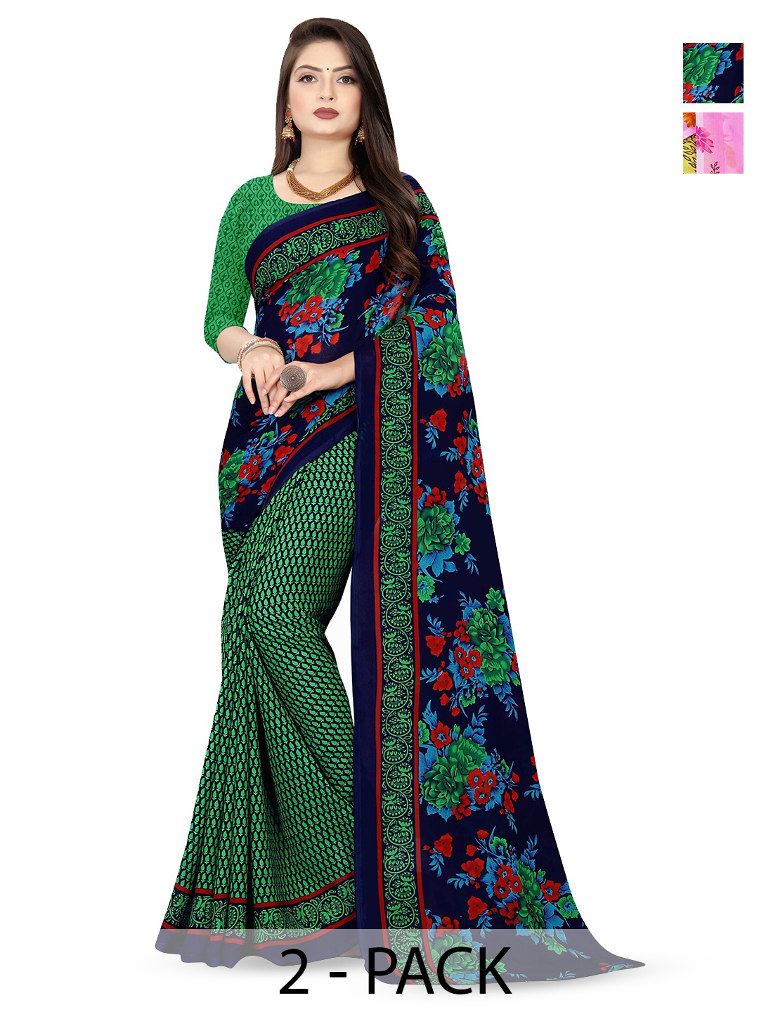 

ANAND SAREES Pack of-2 Floral Half and Half Printed Saree, Green