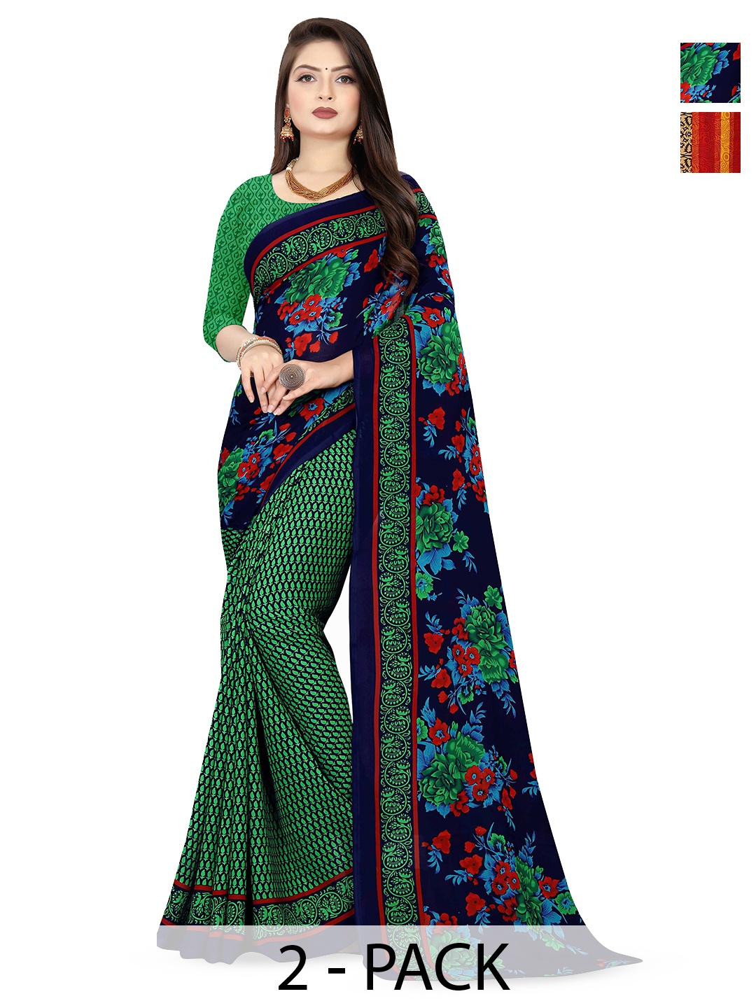 

ANAND SAREES Selection Of 2 Ethnic Motifs Printed Saree, Green
