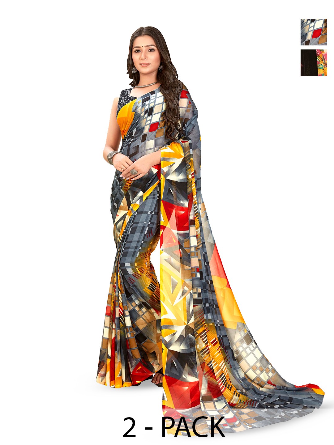 

ANAND SAREES Selection of 2 Abstract Printed Sarees, Black