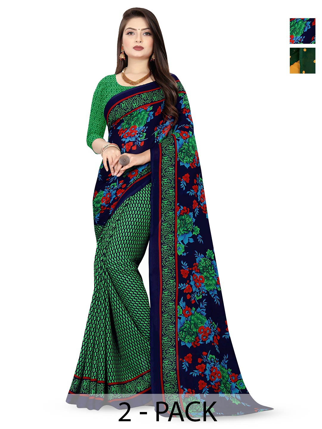

ANAND SAREES Women Daily Floral Print Poly Georgette Combo Pack of 2 Saree, Green