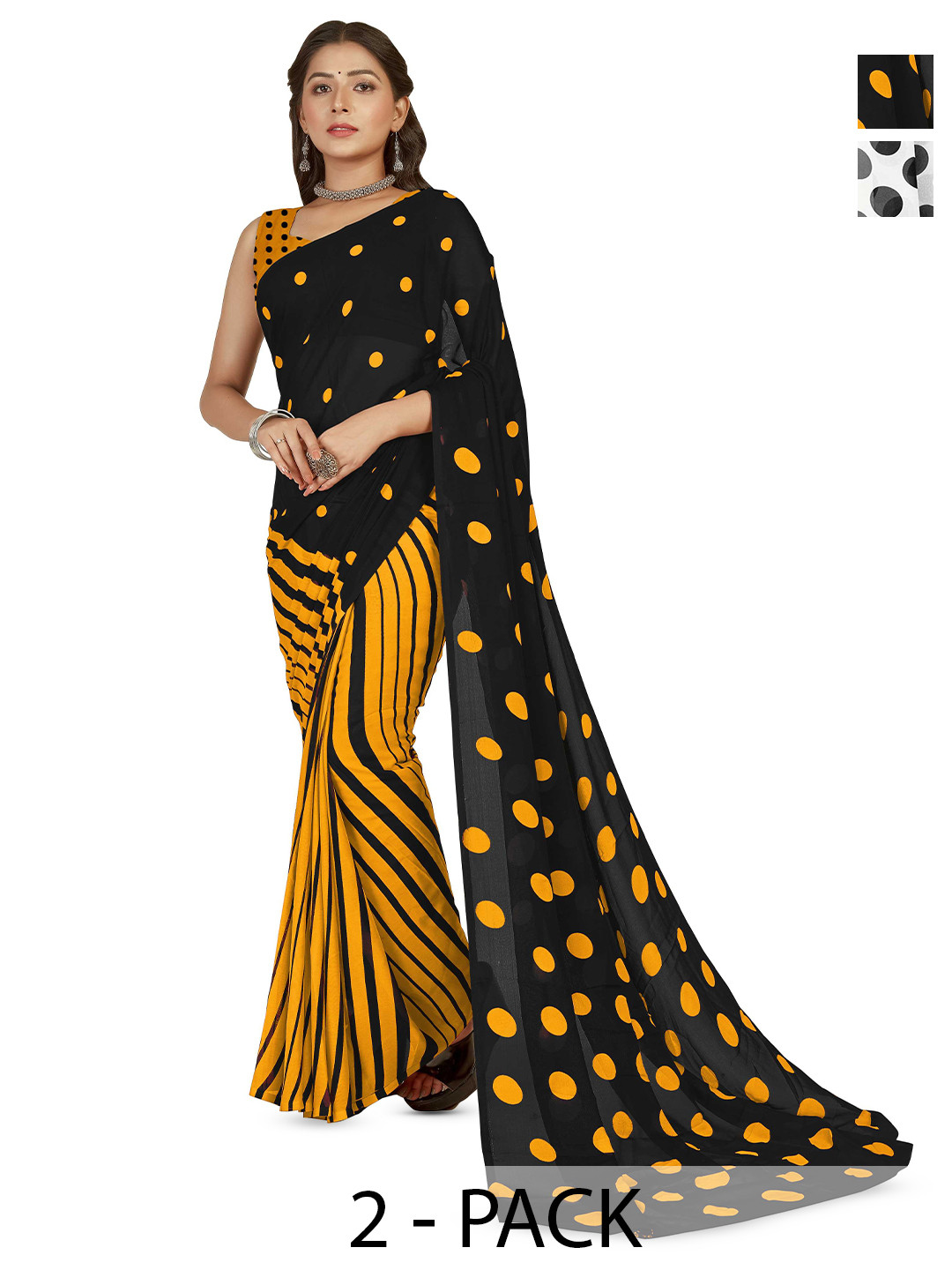 

ANAND SAREES Pack of-2 Polka Dot Printed Saree, Black