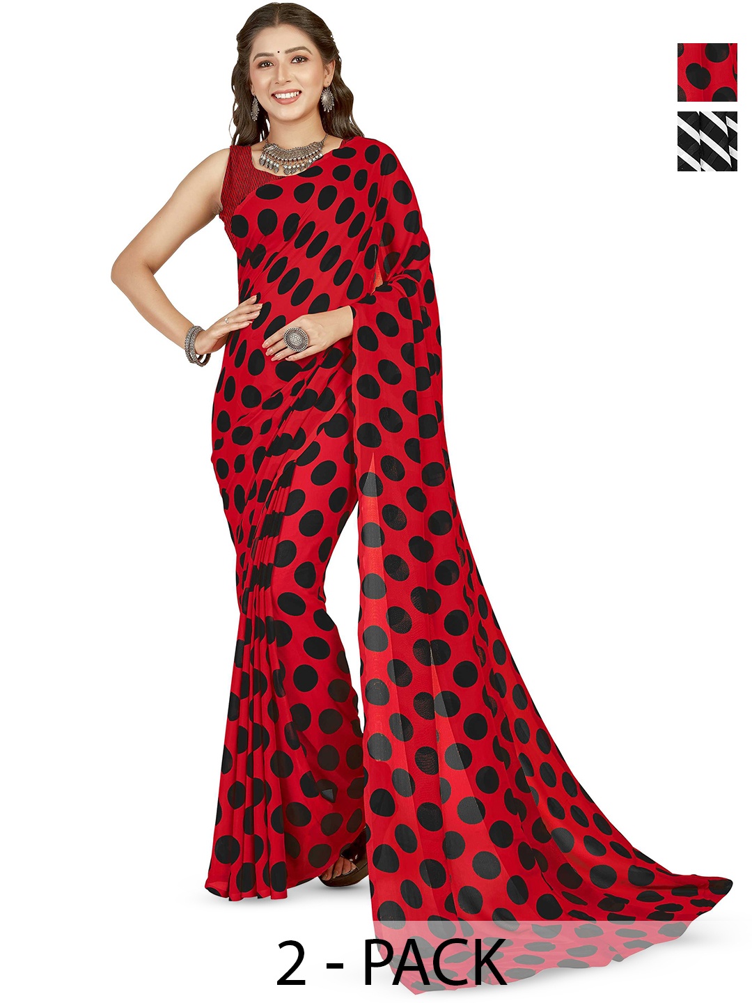 

ANAND SAREES Selection Of 2 Polka Dot Printed Sarees, Red