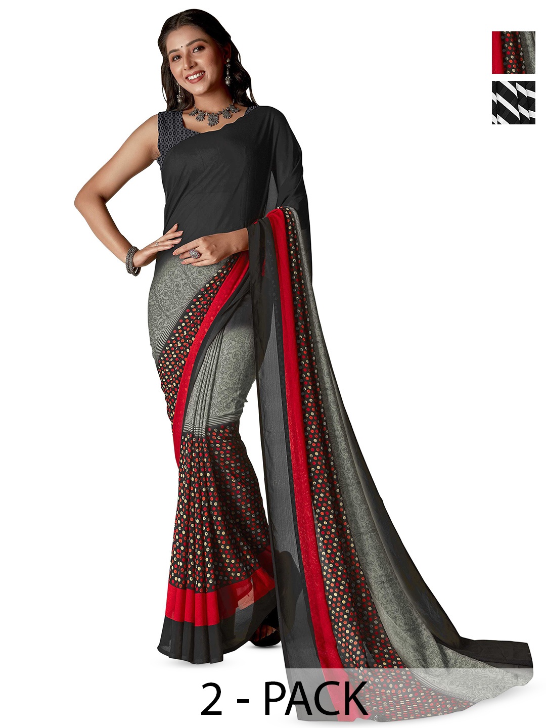 

ANAND SAREES Pack Of 2 Polka Dot Saree, Black